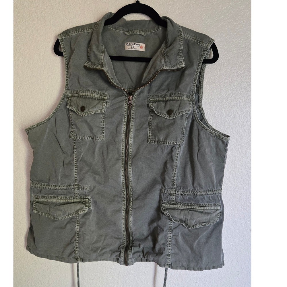 Ruff Hewn Womens Olive Green Cotton Utility Vest Full Zip Plus Size 2X